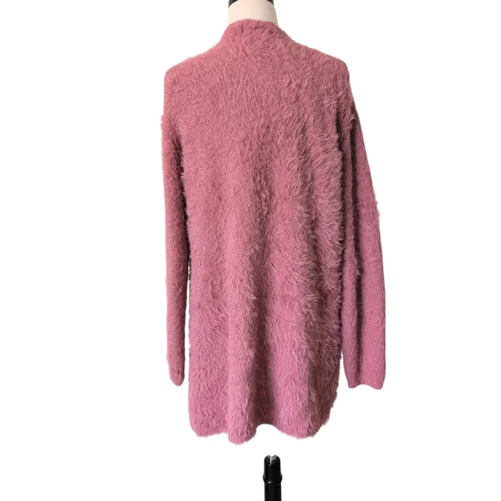 Free People Dusty Pink Rose Fluffy Open Cardigan Longline Sweater M Cozy Soft‎